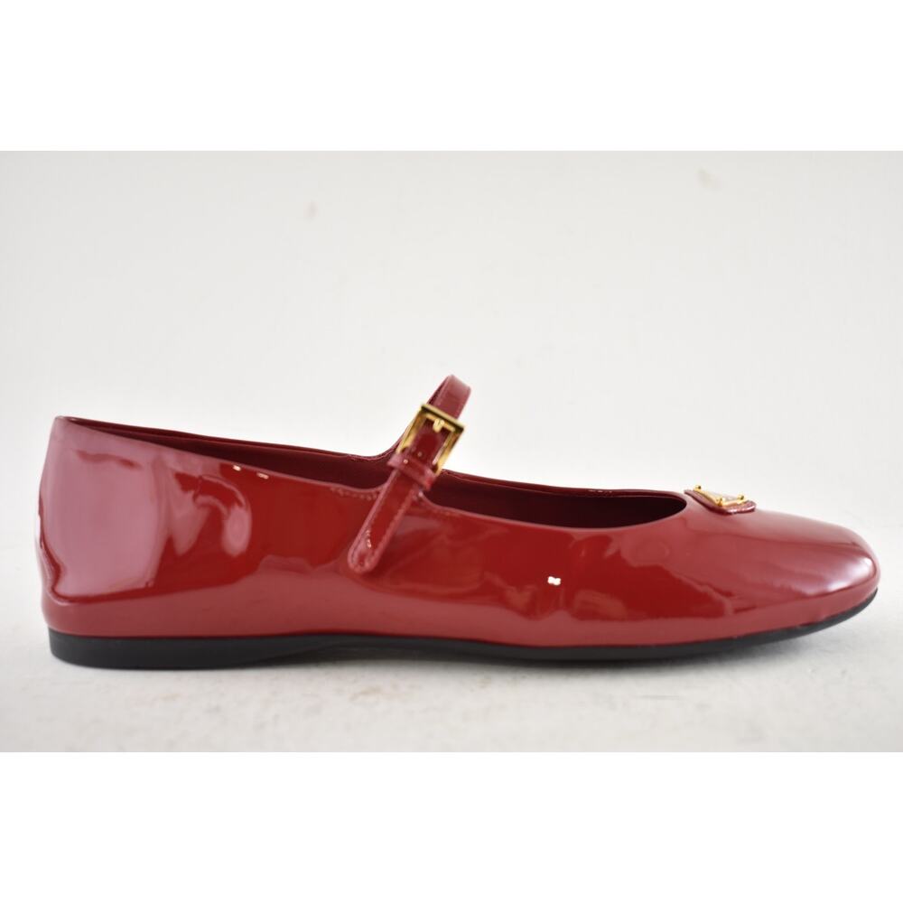 Prada Cherry Red Patent Gold Triangle Logo Mary Jane Ballerina Ballet Flat 38.5 - Picture 2 of 16